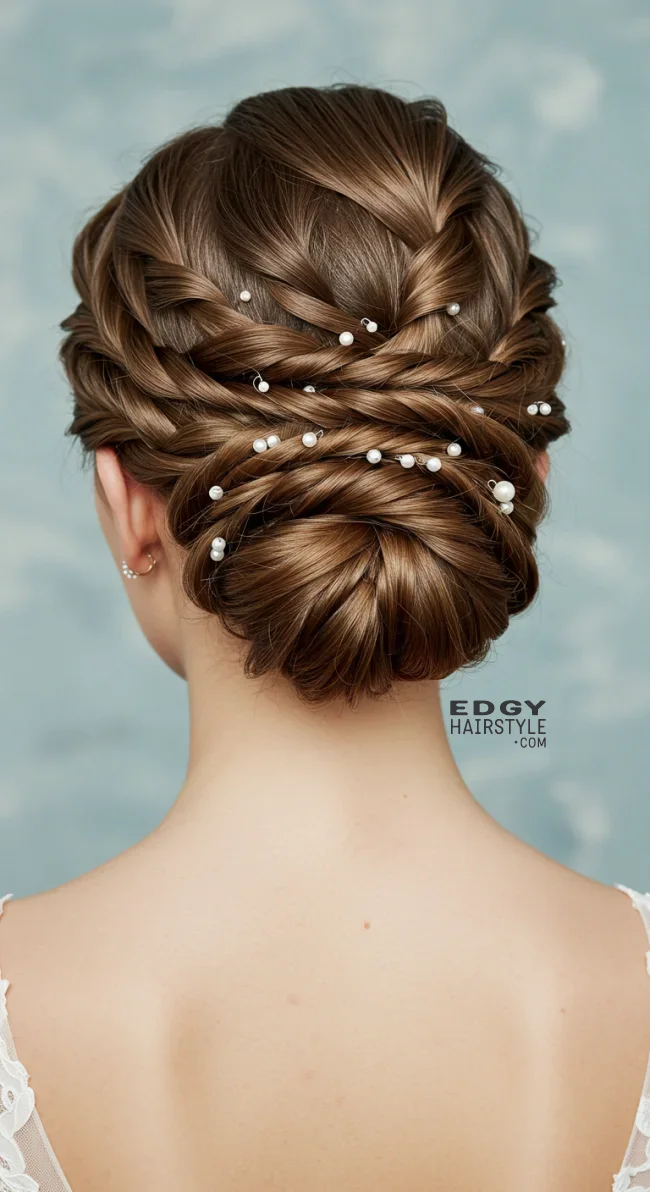 3. Twisted Low Updo with Pearl Clusters | Elegant Wedding Updo Hairstyles Featuring Pearl Hairpins