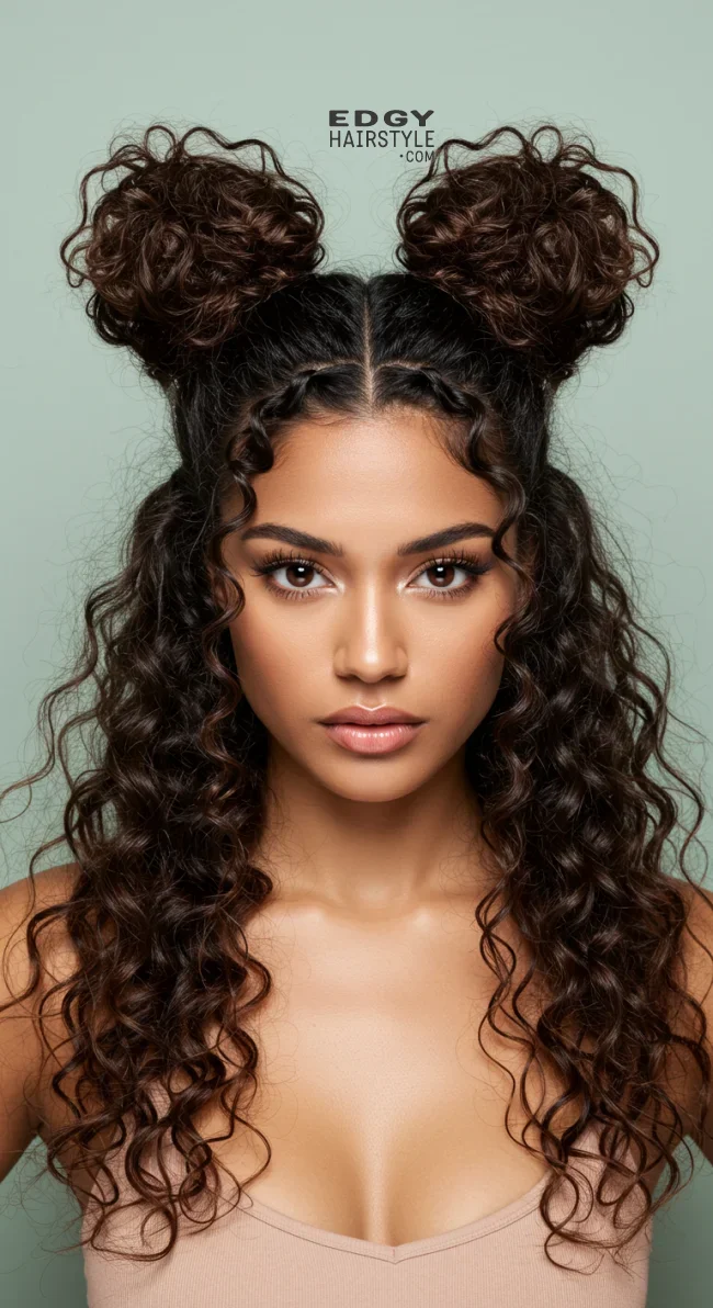 8. Curly Space Buns | 15 Amazing Hairstyles That You Can Do With Your Long Curly Hair
