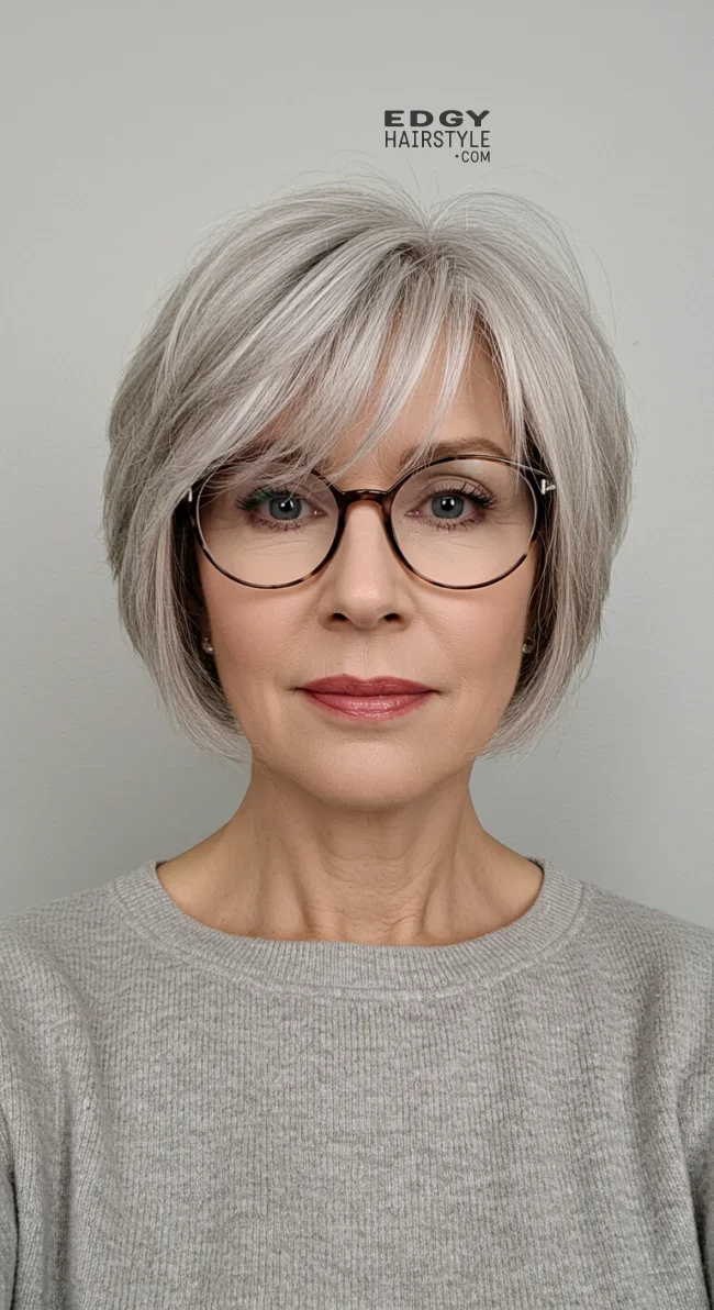 4. Side-Swept Bangs with Short Layers | Short Hairstyles For Women Over 60 With Fine Hair And Glasses