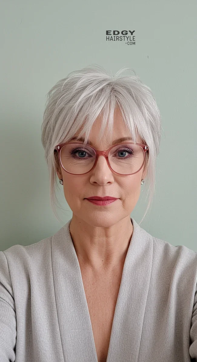 9. Layered Pixie with Long Bangs | Short Hairstyles For Women Over 60 With Fine Hair And Glasses