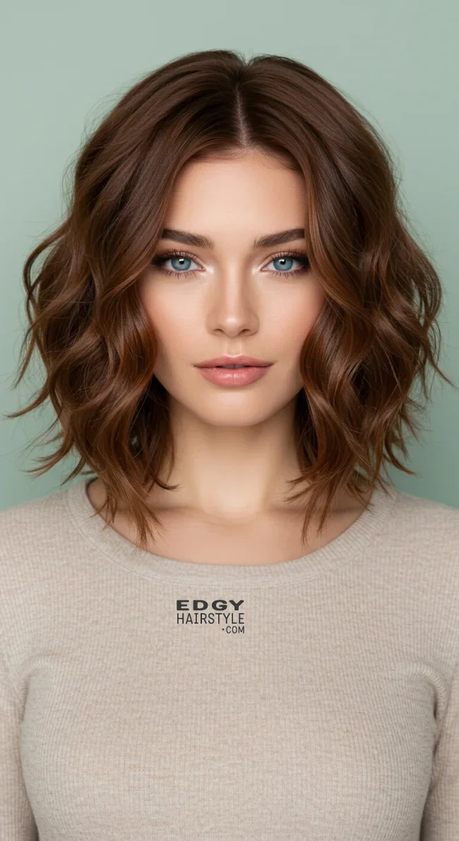 3. Chestnut Brown Lob with Soft Curls | Perfect Hair Colors For Blue Or Green Eyes