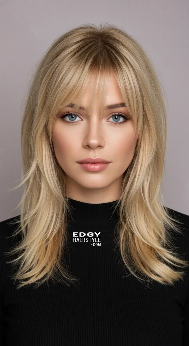 6. Honey Blonde with Curtain Bangs | Perfect Hair Colors For Blue Or Green Eyes