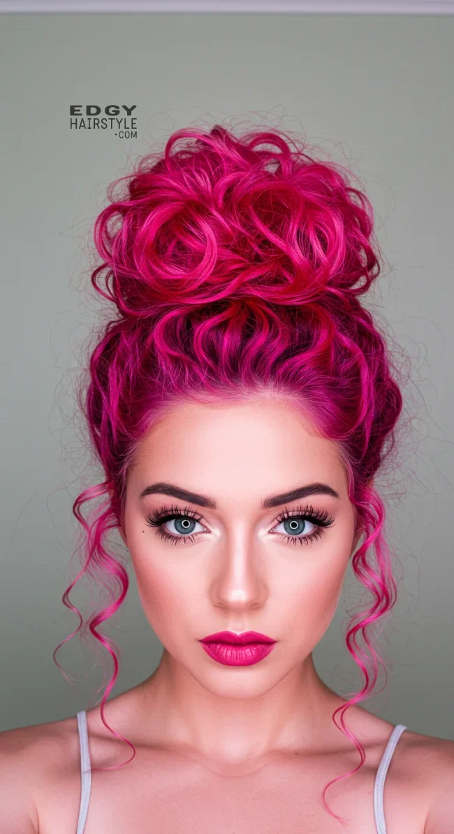 6. Curly Crown Bun | Pretty In Pink: Curly Hairstyles To Rock Your Pink Hair!