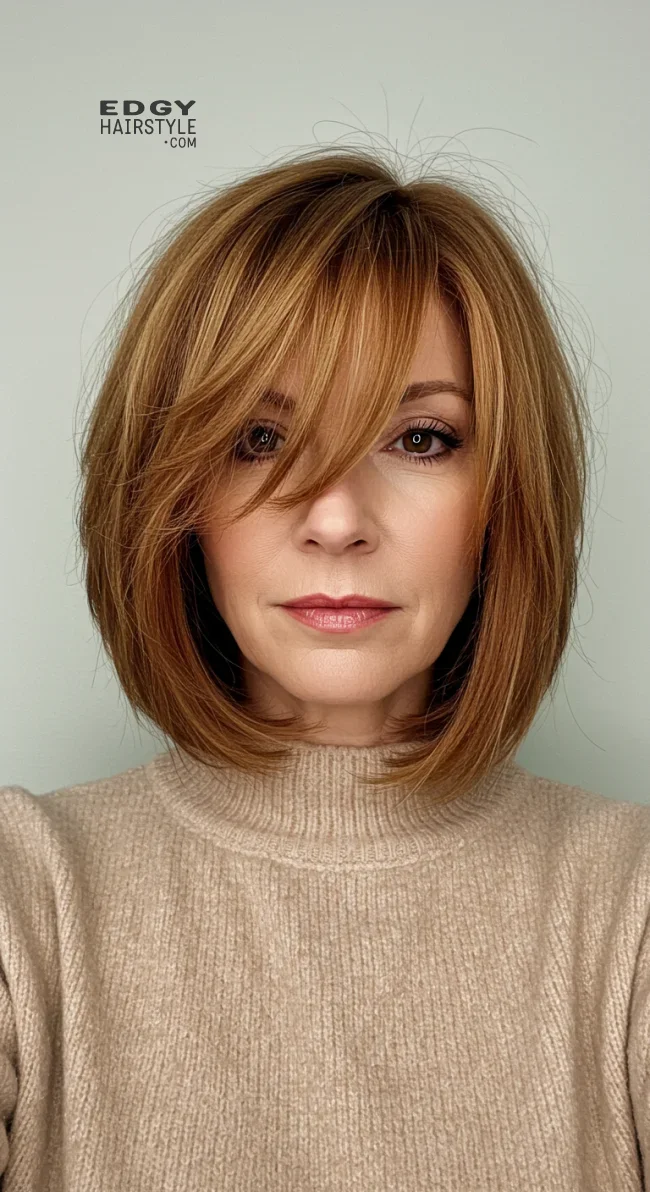 3. Layered Bob With Side-Swept Bangs | Layered Bob Hairstyles For Women Over 50 With Fine Hair