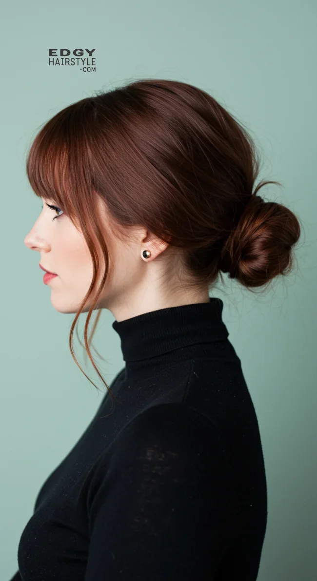 13. Twisted Low Bun with Wispy Bangs | Winter Hairstyles: Embrace The Season With Chic And Cozy Looks