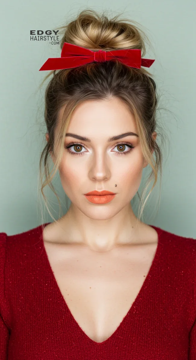 6. Messy Bun with a Bow | 7 Holiday Hairstyles That Are Easy