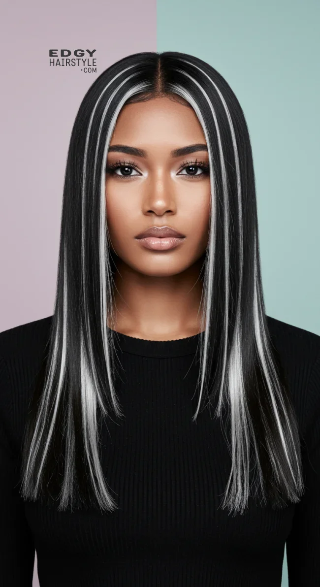 12. Silver Chunky Highlights on Black Hair | Chunky Highlights: Elevate Your Style With Trendy Colors