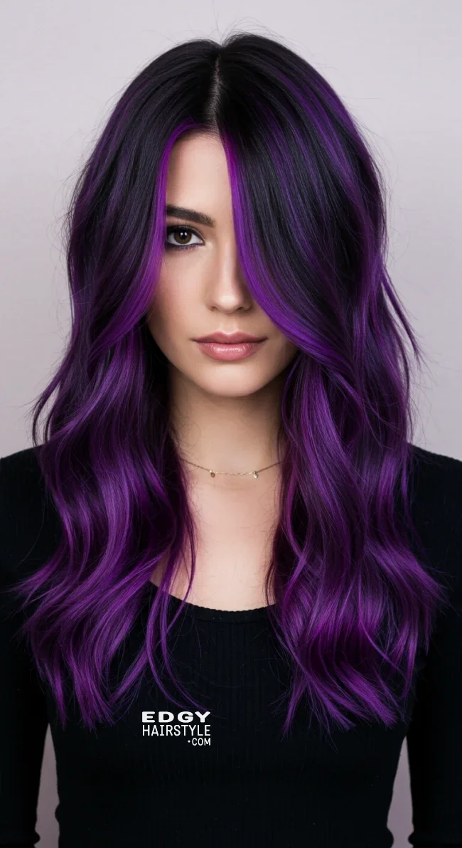 10. Violet Chunky Highlights on Dark Hair | Chunky Highlights: Elevate Your Style With Trendy Colors