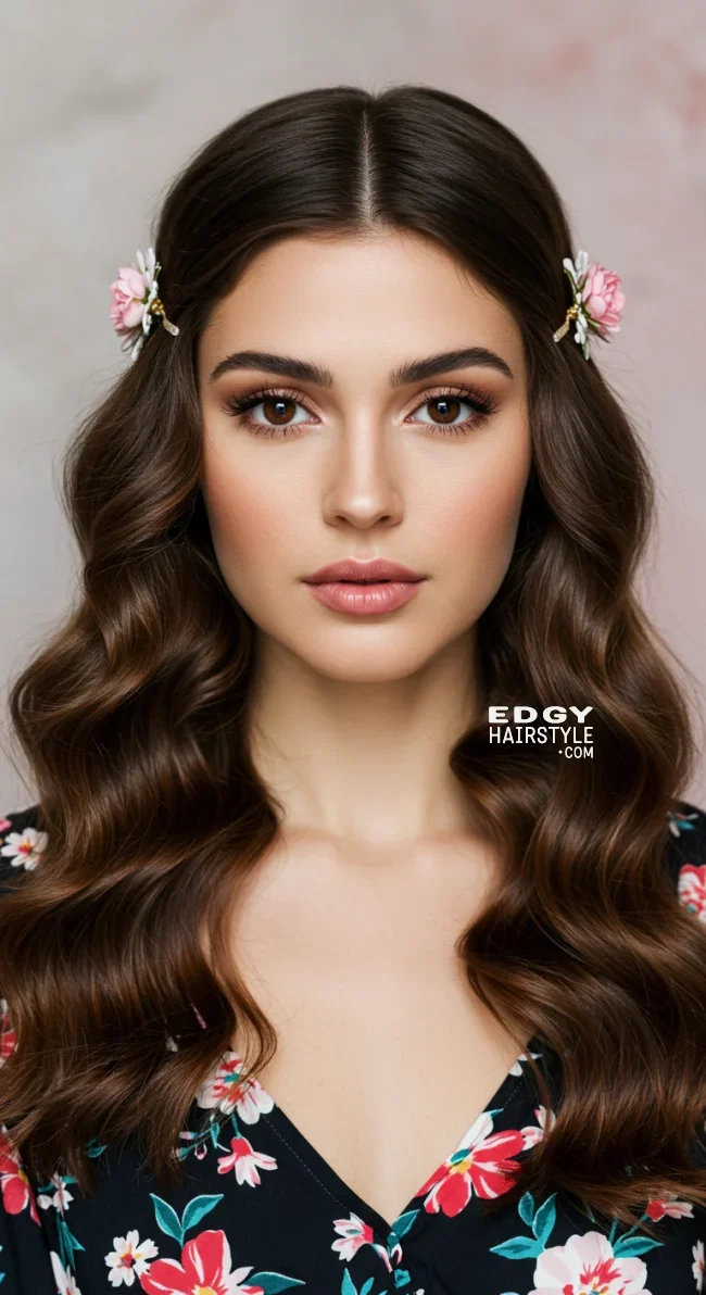 15. Romantic Pinned-Back Waves with Floral Clips | Hairstyles For Valentine’s Day: Flirty Styles And Romance