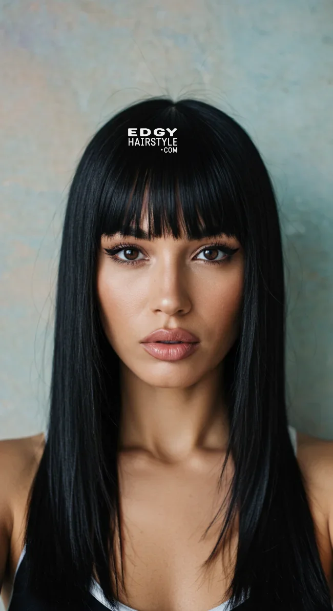 7. Full Fringe with Straight Hair | Hairstyles For Long Face Shape: A Guide To Flattering And Trendy Looks