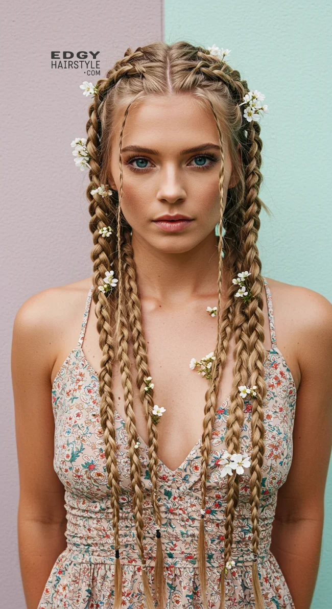 15. Floral-Embellished Braids | Spring Hairstyles For Long Hair: Fresh Looks