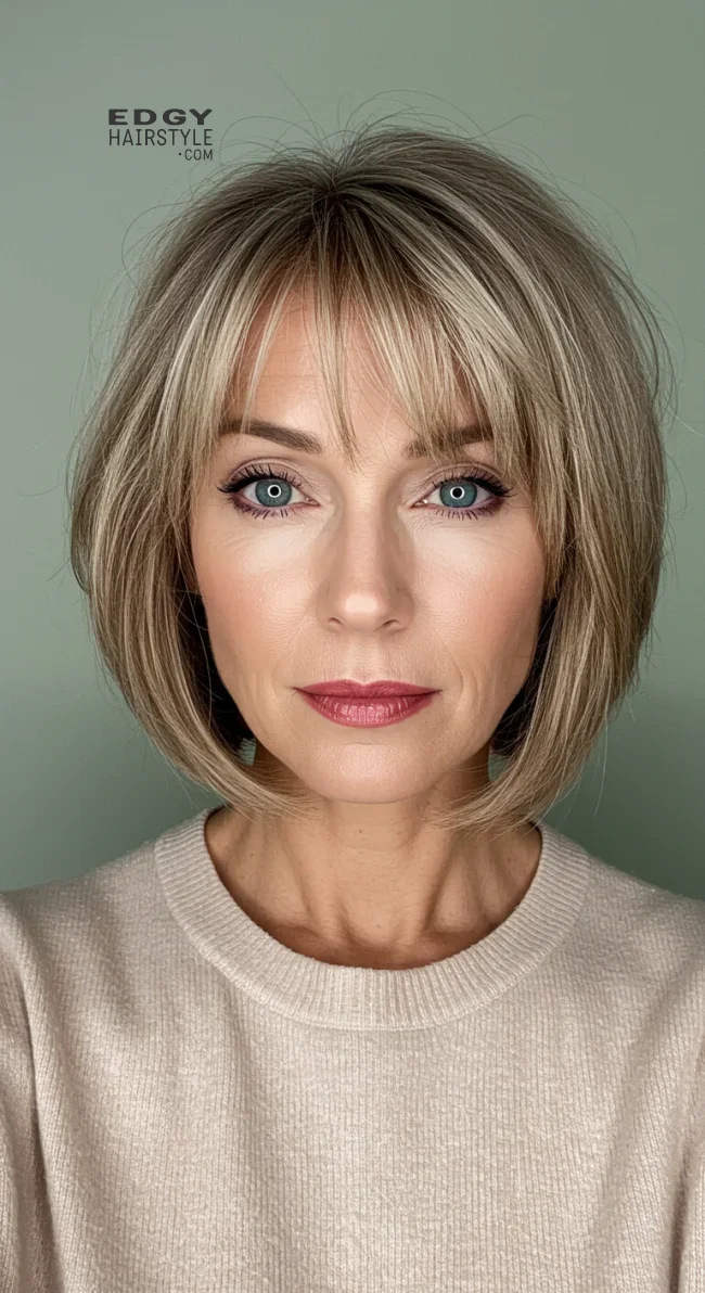1. Feathered Bob with Wispy Bangs | 10 Stylish Hairstyles For Women Over 50 With Bangs