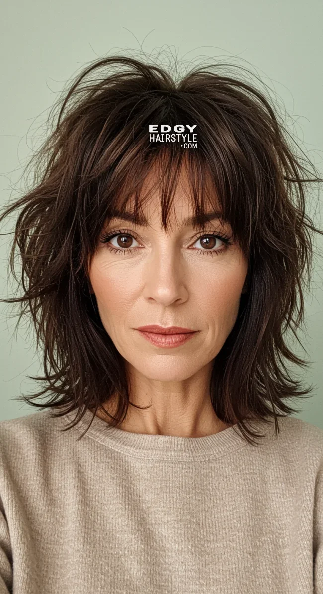 6. Shaggy Medium-Length Cut with Choppy Bangs | 10 Stylish Hairstyles For Women Over 50 With Bangs