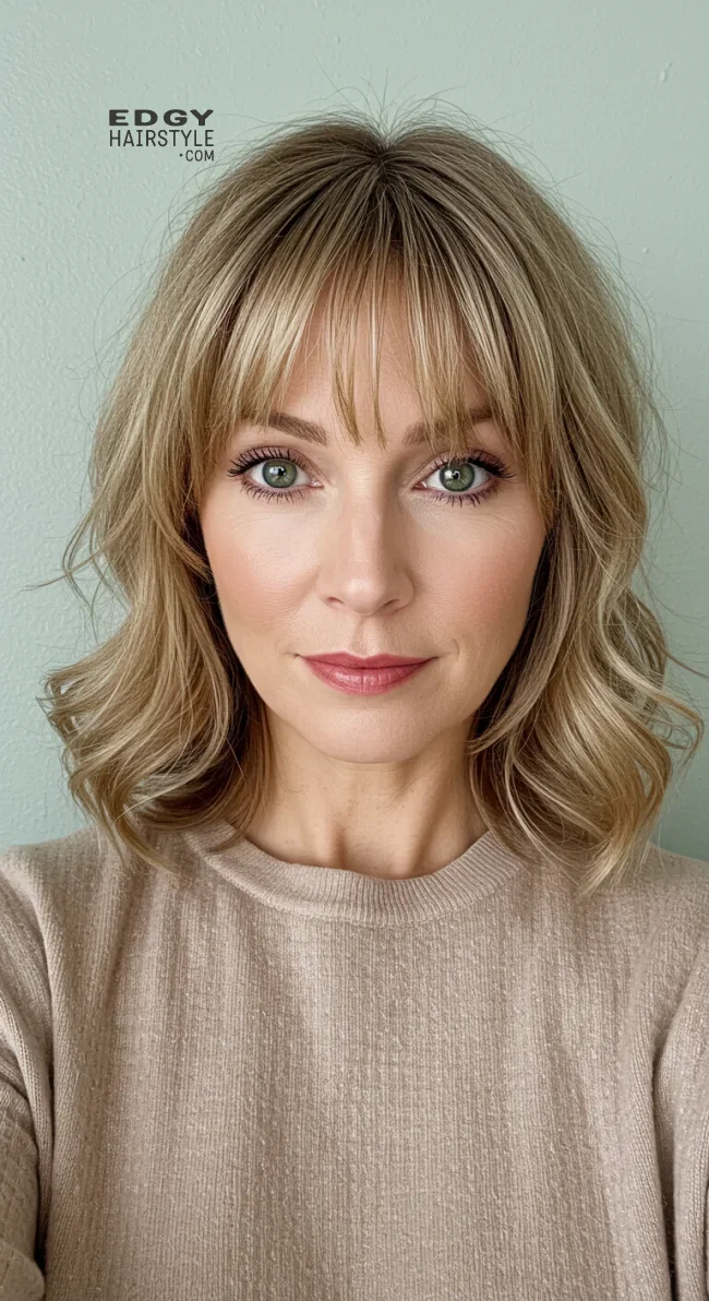 7. Wavy Shoulder-Length Hair with Curtain Bangs | 10 Stylish Hairstyles For Women Over 50 With Bangs