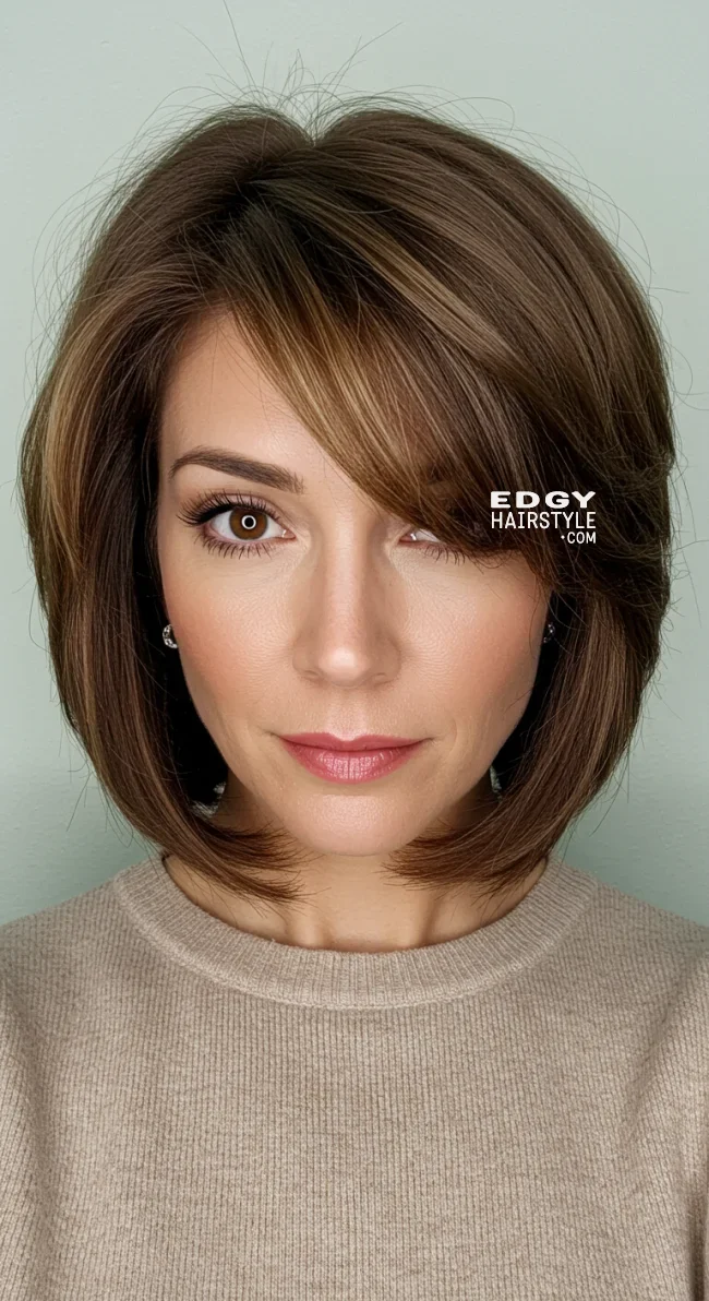 2. Layered Shoulder-Length Cut with Side-Swept Bangs | 10 Stylish Hairstyles For Women Over 50 With Bangs