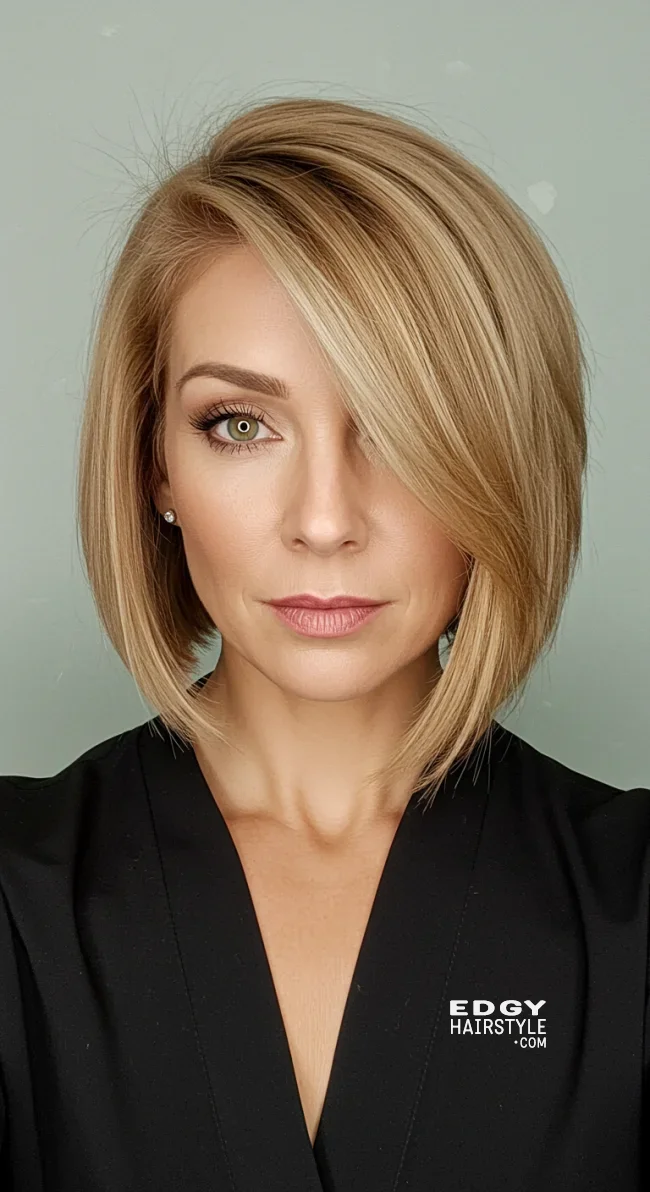 7. Asymmetrical Lob with Side Bangs | 10 Chic Hairstyles With Bangs For Women Over 50