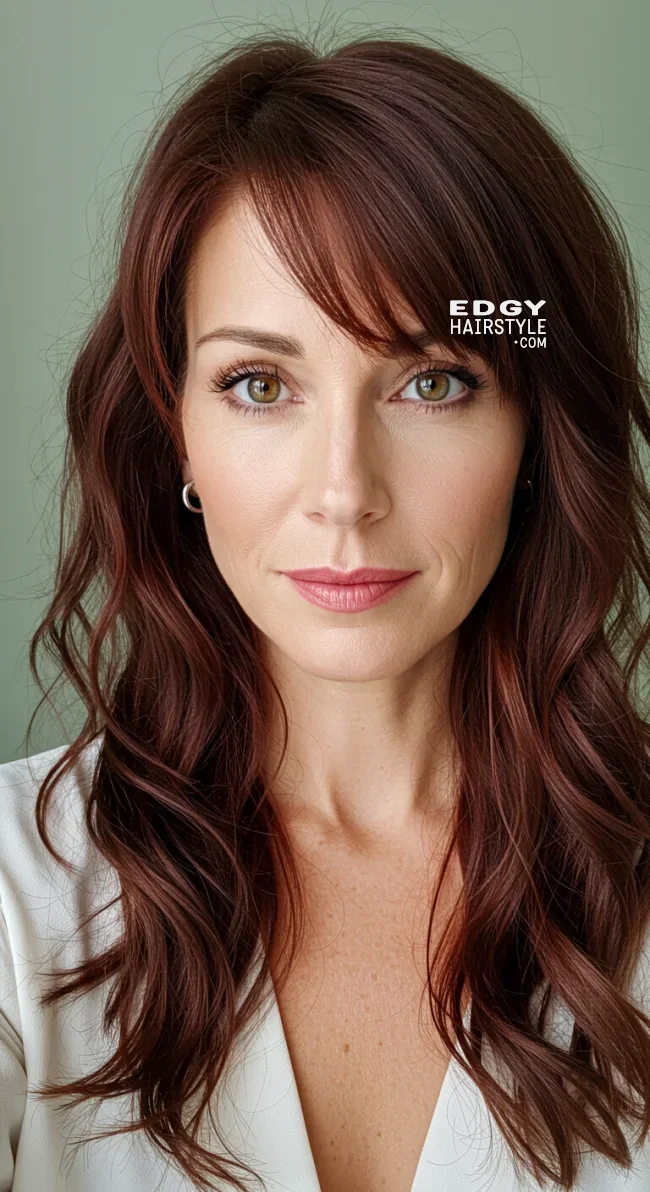 5. Long Wavy Hair with Feathered Bangs | 10 Chic Hairstyles With Bangs For Women Over 50