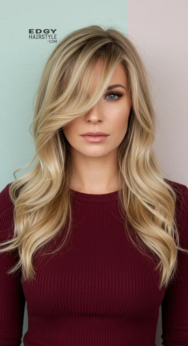 2. Side-Swept Bangs with Long Waves | 10 Bold Hairstyles For Women Over 50 With Square Faces