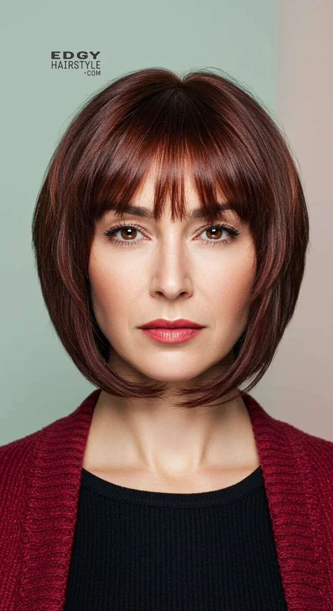 4. Chin-Length Blunt Cut with Wispy Bangs | 10 Bold Hairstyles For Women Over 50 With Square Faces