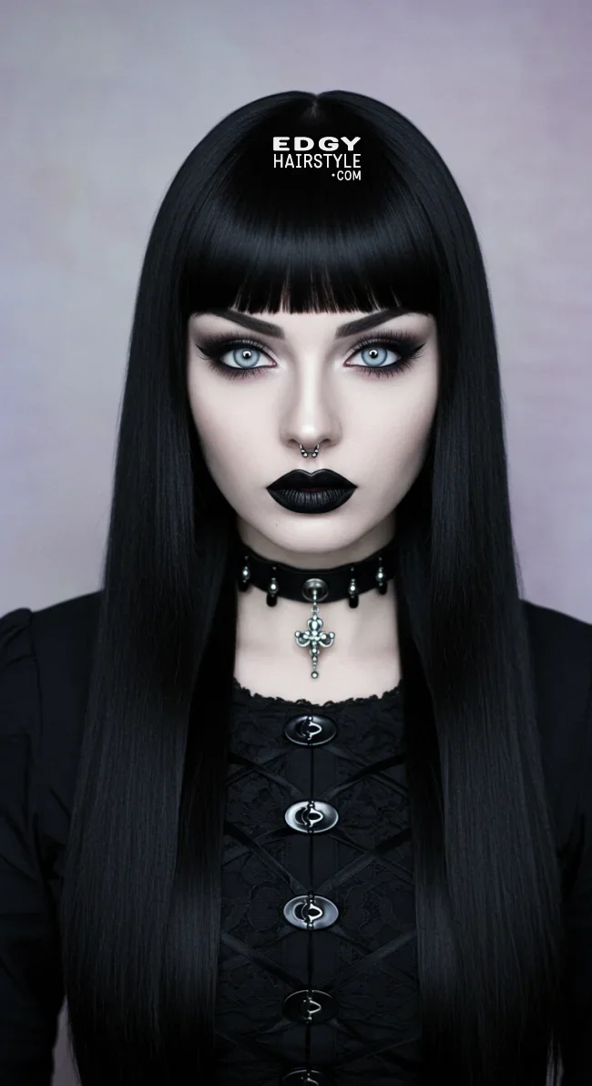 1. Long Black Sleek Hair with Blunt Bangs | 8 Most Popular Goth Hairstyles For Girls