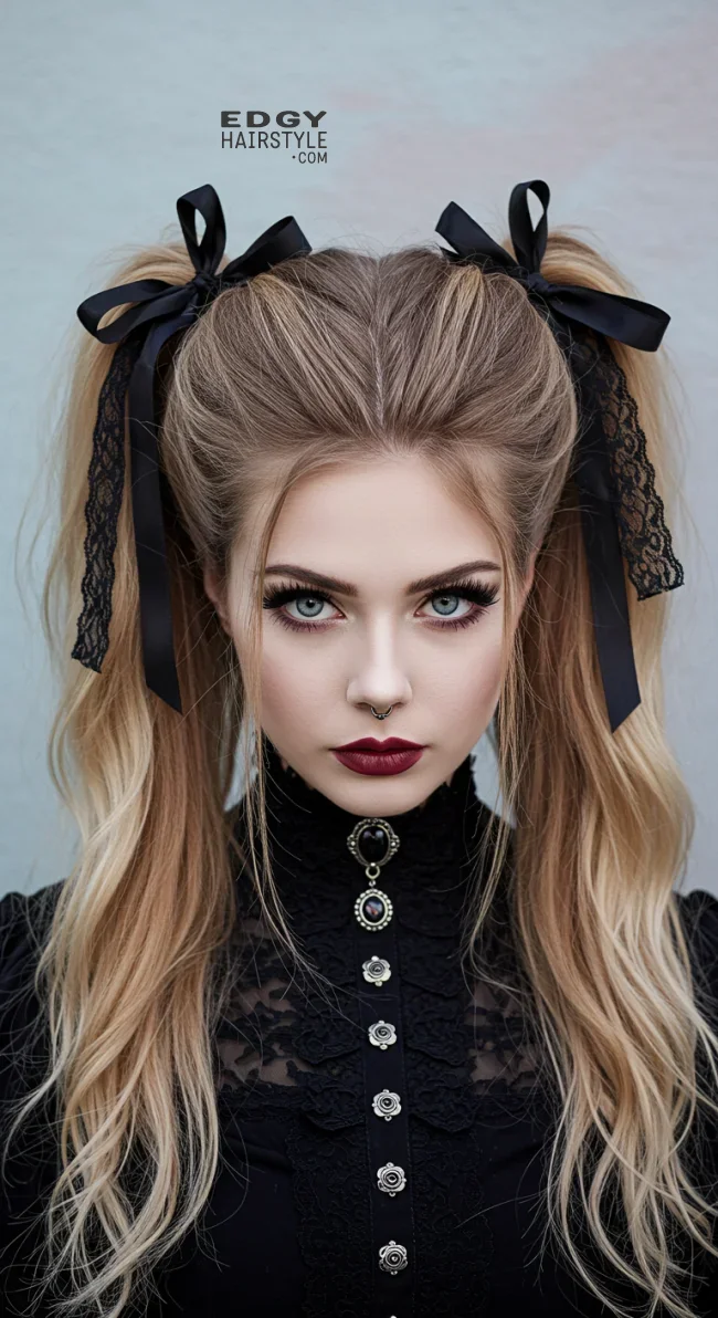 8. Gothic Pigtails with Ribbons and Lace | 8 Most Popular Goth Hairstyles For Girls